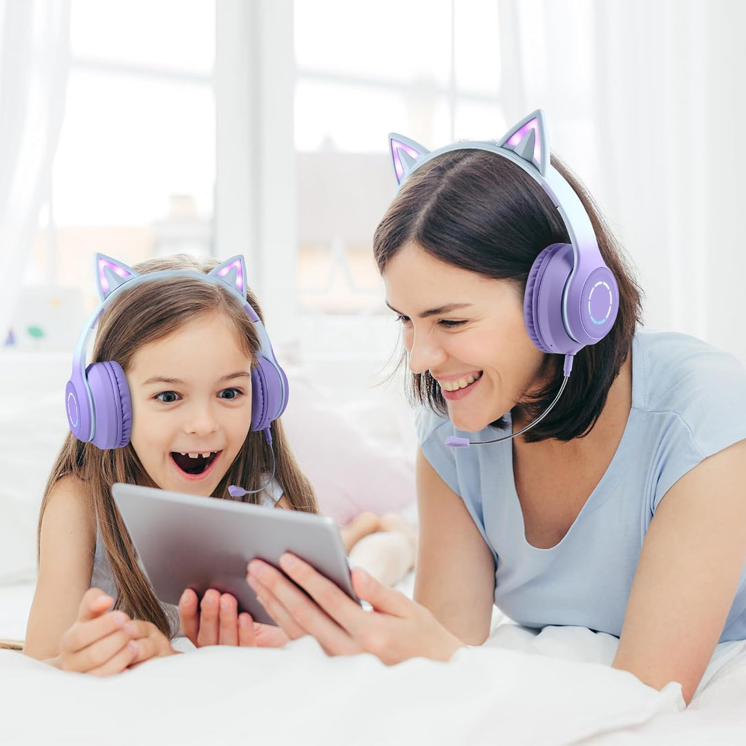 Sendowtek Kinder Kopfhörer, Mädchen Bluetooth Kopfhörer Over Ear Katze Kinderkopfhörer mit Abnehmbar