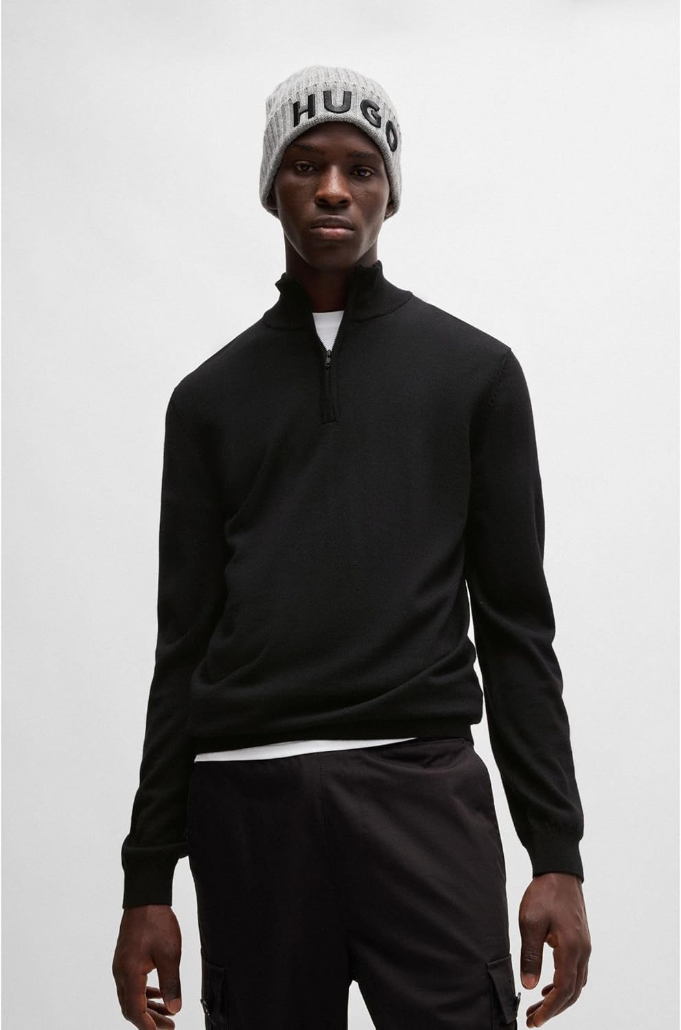 HUGO Herren San Quirin-M Regular-Fit Pullover aus Schurwolle mit Reissverschluss am Kragen, L Black1