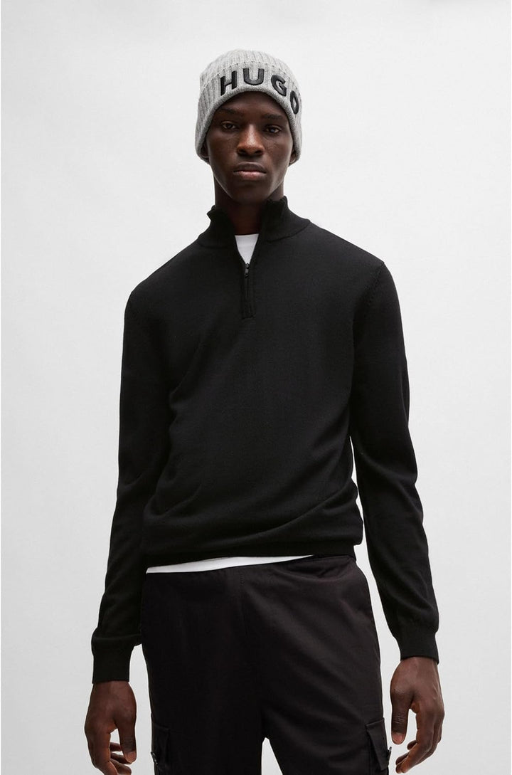 HUGO Herren San Quirin-M Regular-Fit Pullover aus Schurwolle mit Reissverschluss am Kragen, L Black1