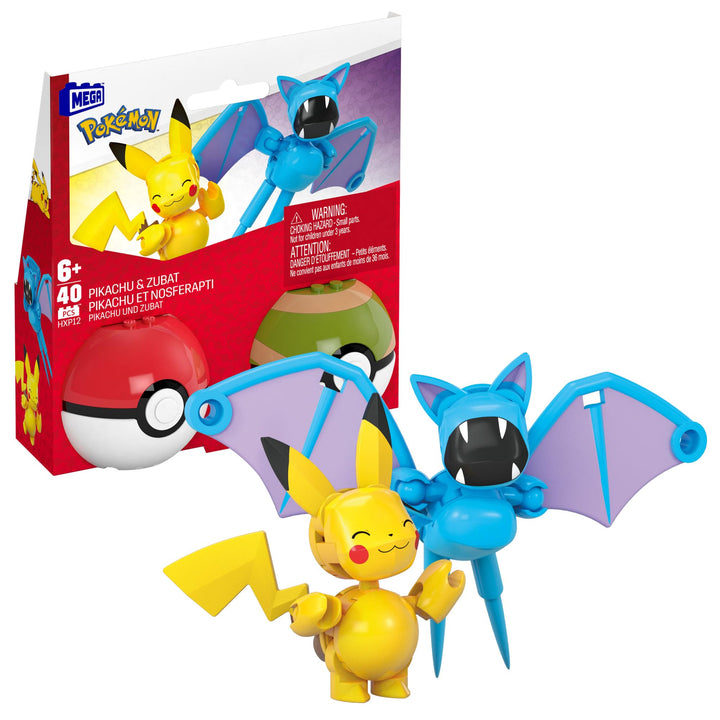 MEGA Pokémon Actionfigur Bauspielzeug-Set, zusammenbaubarer und beweglicher Pikachu und Zubat mit 40