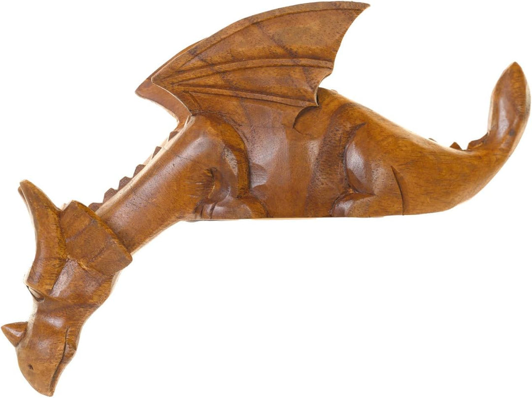Handgeschnitzter Drache aus Holz – Beobachtender Drache – Schaut über den Regalrand