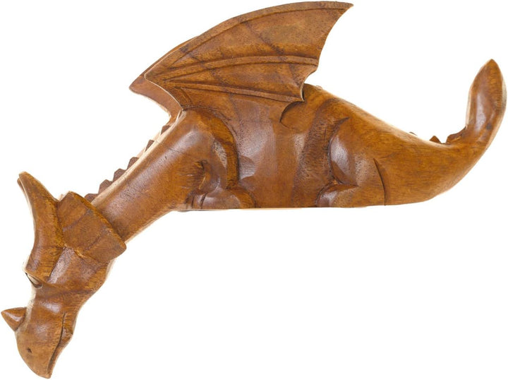Handgeschnitzter Drache aus Holz – Beobachtender Drache – Schaut über den Regalrand