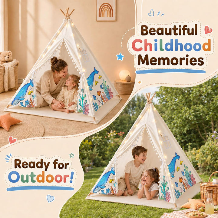 DIY Tipi Zelt für Kinder Indoor mit 12 Pinsel+Lichterkette+Tasche, 120x160cm Waschbar Kinder Zelt Ti