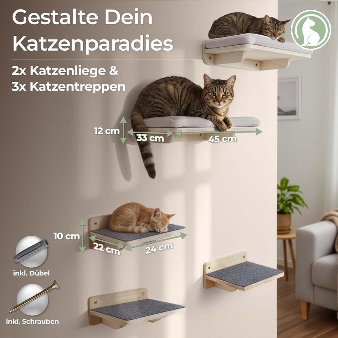 WOOWOOD® 2X Kletterwand Katzen - 2X Katzentreppe Wand [Vollholz] - Kratzbaum Wand - Hängematte Katze