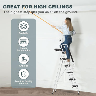 HBTower 5-Stufen-Leiter mit Handläufen, Klappbarer Tritthocker mit Breitem Anti-Rutsch-Pedal, Stabil