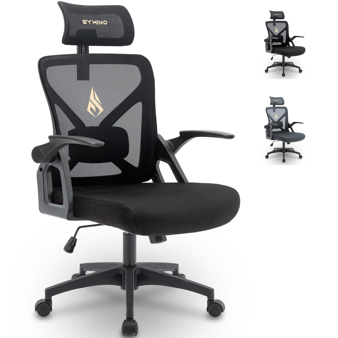 symino Bürostuhl, Bürostuhl Ergonomischer mit Verstellbarer Kopfstütze, Armlehnen, Lordosenstütze, d