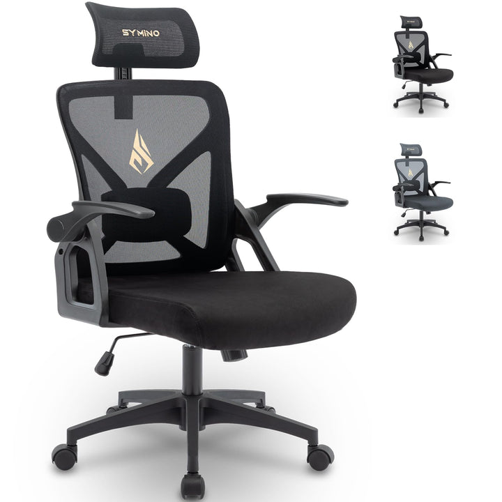 symino Bürostuhl, Bürostuhl Ergonomischer mit Verstellbarer Kopfstütze, Armlehnen, Lordosenstütze, d