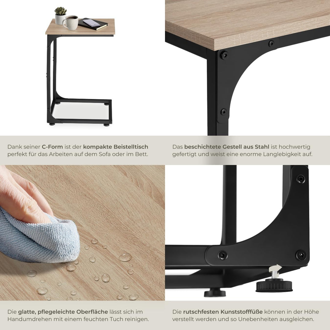 tectake® Beistelltisch Holz Metall, Wohnzimmertisch, Couchtisch C-Form, Laptoptisch für Couch, Bettt