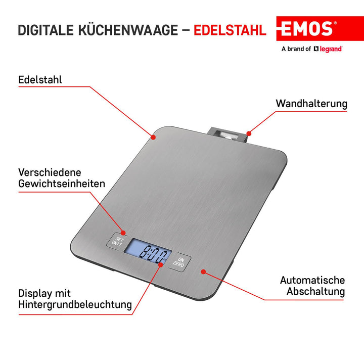 EMOS EV023 Küchenwaage aus Edelstahl mit Wandaufhängung/Digitalwaage mit beleuchtetem LCD Display/Ta