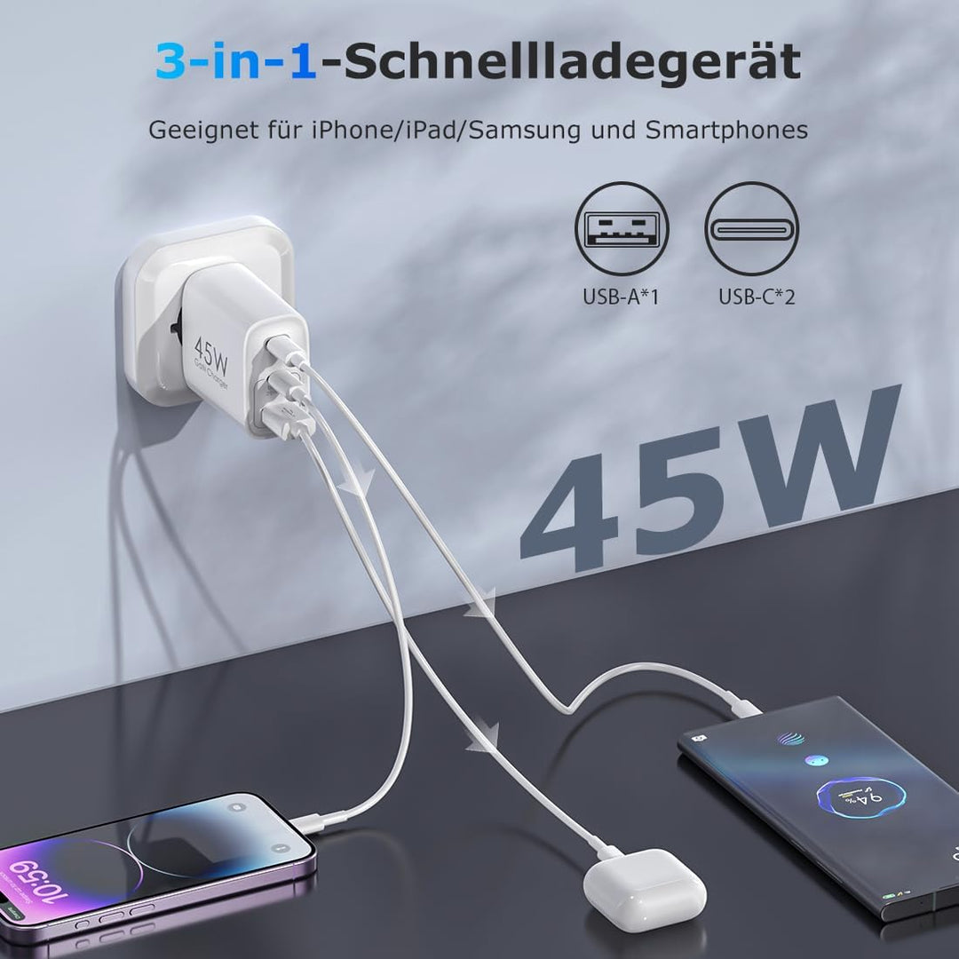 USB C Ladegerät 45W GAN 2er-Pack Netzteil für Samsung Galaxy S25/S24/S23/S22/S21 iPhone 16 15 14 Pro