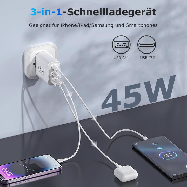 USB C Ladegerät 45W GAN 2er-Pack Netzteil für Samsung Galaxy S25/S24/S23/S22/S21 iPhone 16 15 14 Pro