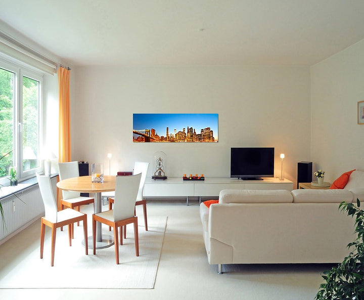 Paul Sinus Art Panoramabild auf Leinwand und Keilrahmen 150x50cm New York Manhattan Skyline Wasser