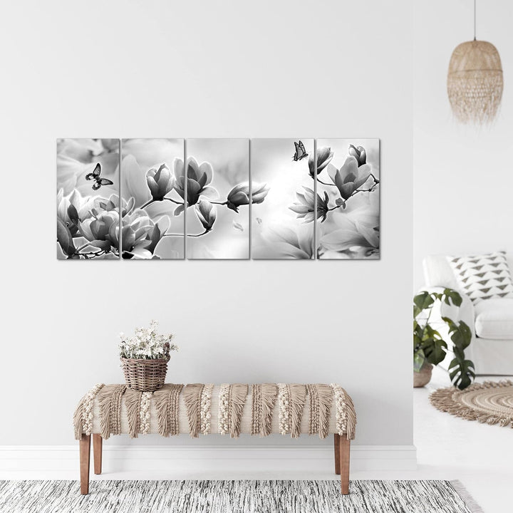 Runa Art Wandbild XXL Blumen Magnolien Wohnzimmer Schlafzimmer 200 x 80 cm Schwarz Weiss 5 Teilig -