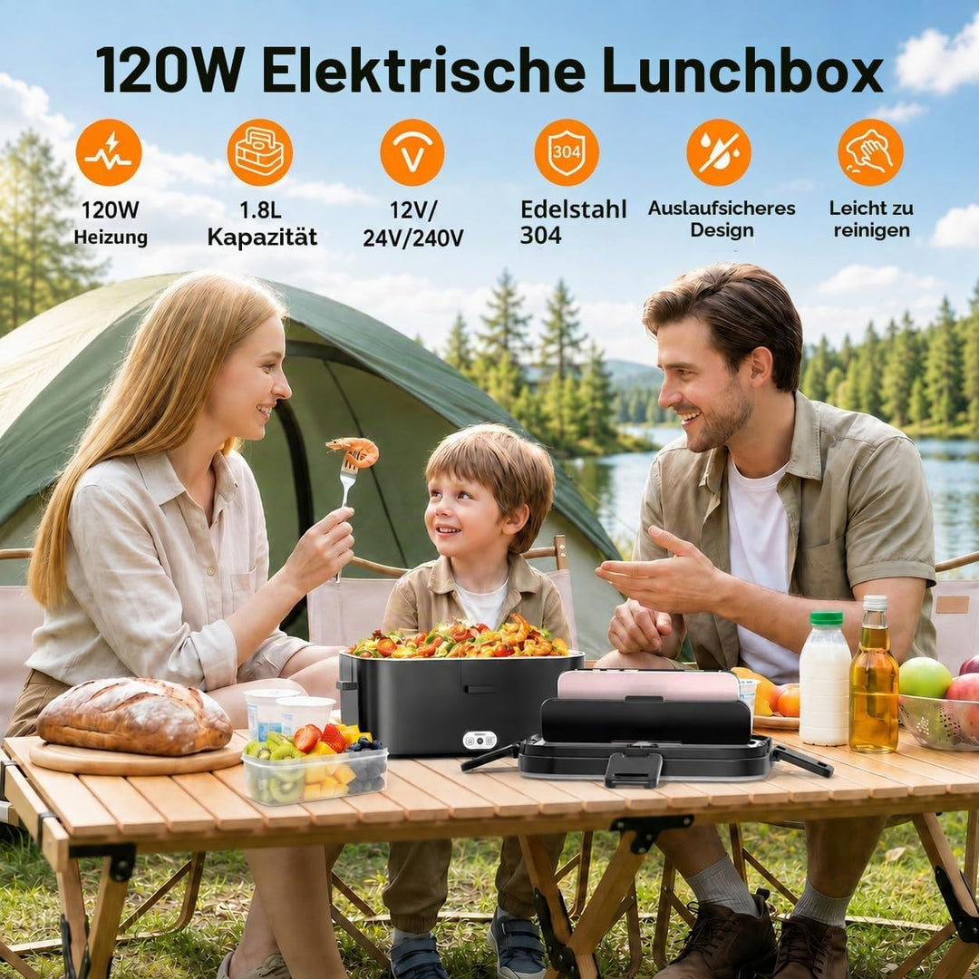 Elektrische Lunchbox 120W 1,8L 12V/24V/230V für Auto/LKW/Büro Auslaufsicher | Herausnehmbarer Edelst
