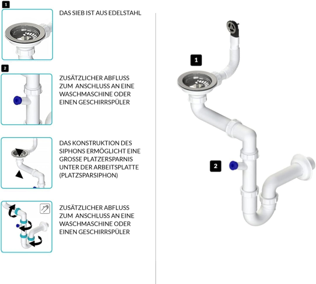 GRANMASTER Siphon Küchenspüle Manuelle 1-Kammer Raumsparsiphon - Syphon - Ablaufgarnitur für Spüle -