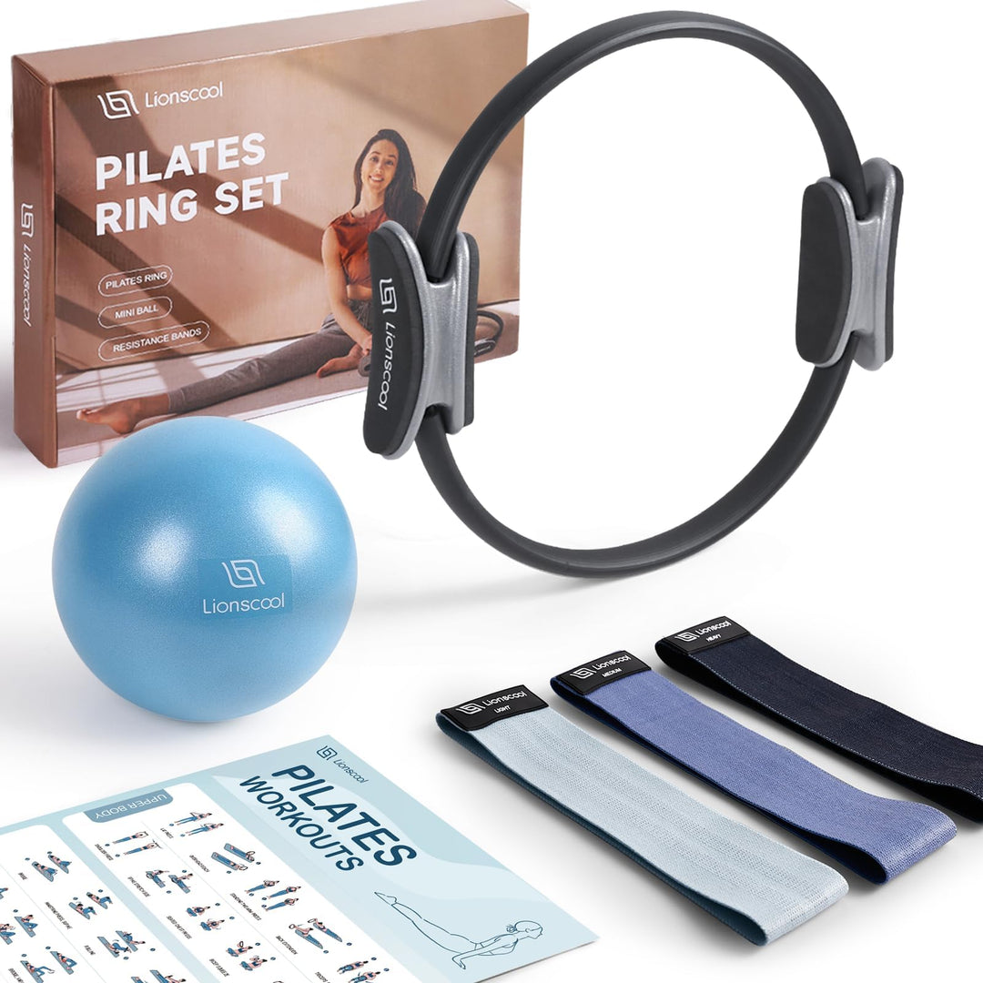 LIONSCOOL Pilates-Ring-Set – 14“/35cm Magic Circle mit Doppelgriffen – Inkl. platzfestem Miniball, W