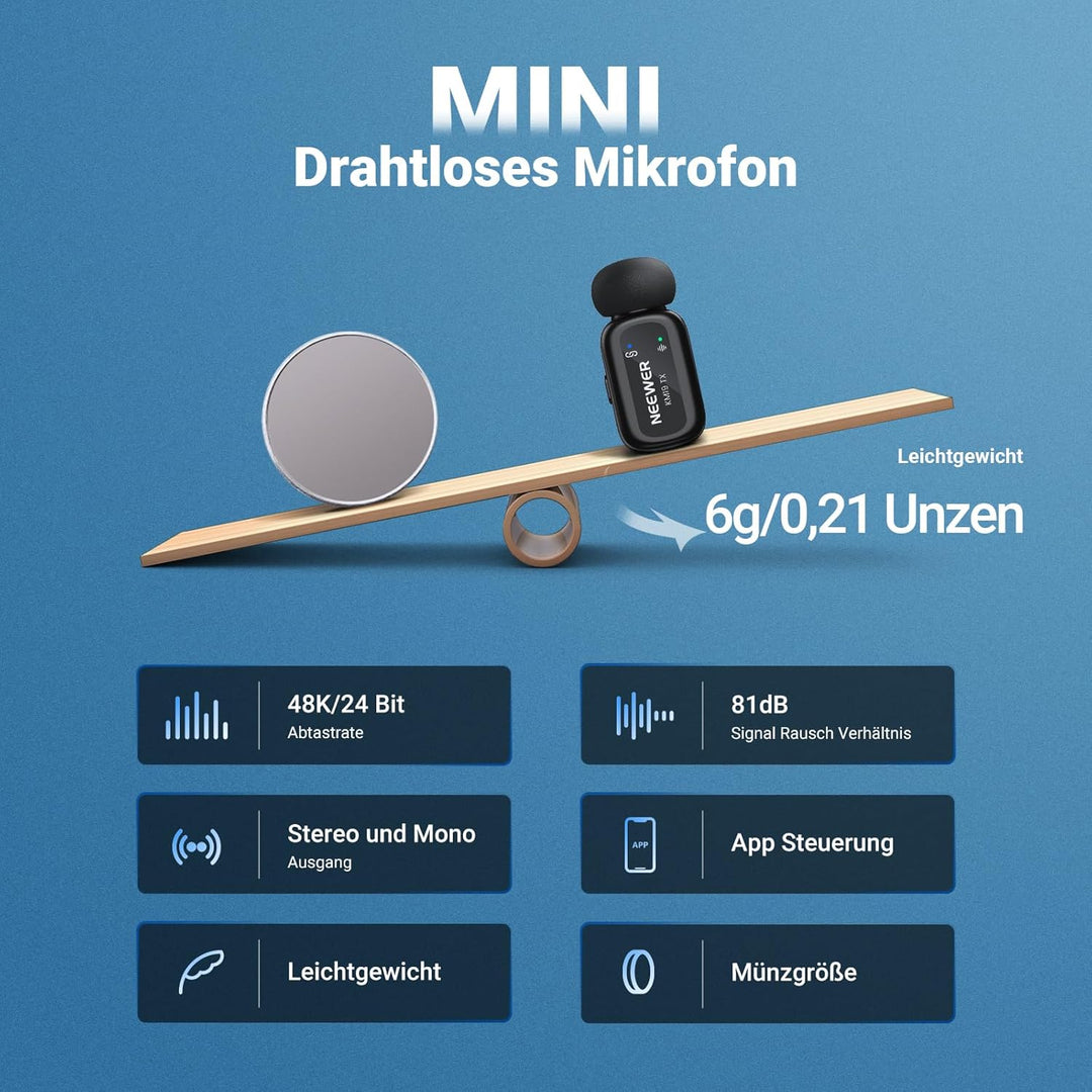 NEEWER KM19 drahtloses Lavalier Mikrofon, 48kHz/24 Bit, 30h Akkulaufzeit, 3 stufige Geräuschunterdrü