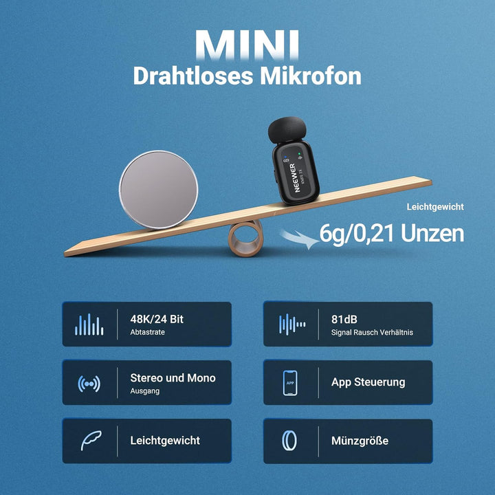 NEEWER KM19 drahtloses Lavalier Mikrofon, 48kHz/24 Bit, 30h Akkulaufzeit, 3 stufige Geräuschunterdrü