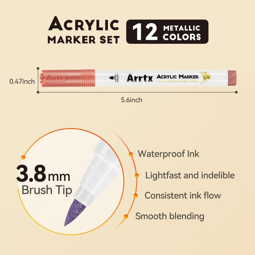 Arrtx 12 Farben Metallic Acrylstifte, Glitzermarker für Felsmalerei, Glitzer stifte mit extra feiner
