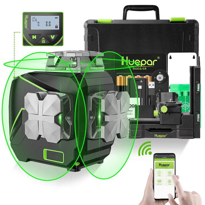 Huepar 12 Linien-3D selbstnivellierendes Laserniveau mit LCD-Bildschirm 3 x 360 ° Bluetooth-Verbindu
