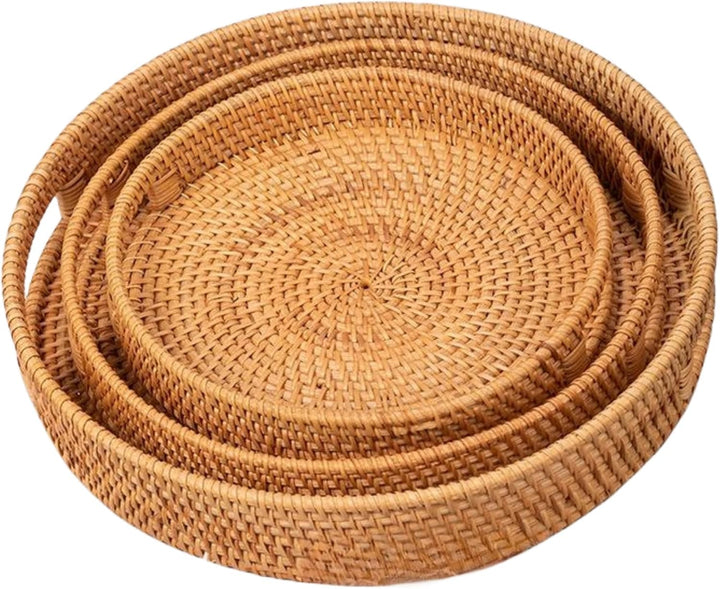 Rundes Rattan Serviertablett mit Ausgeschnittenen Griffen, Handgeflochtenes Dekoratives Tablett, ein