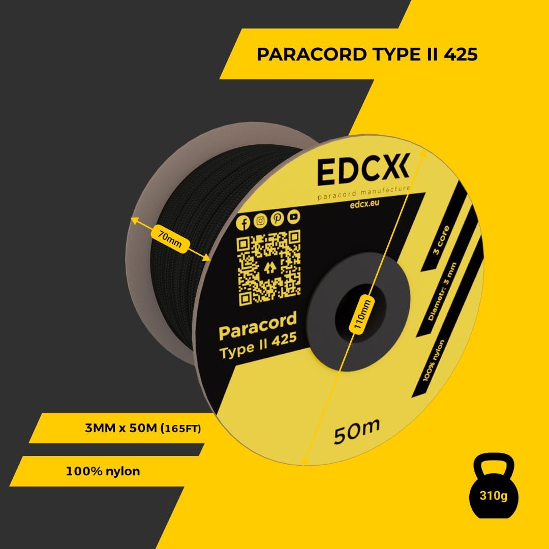 EdcX 3mm Nylon Paracord 425 (50 und 100m) - Typ II, 100% Nylonseil, 3 Litzen Seil, 3mm Nylonseil in