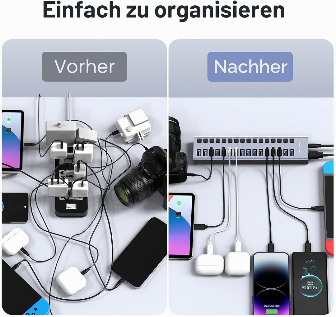 Powered USB 3.2 Hub, ACASIS 16 Ports USB 3.2 Hub mit 10Gbps Datenrate, Aluminiumgehäuse, USB Hub Pow