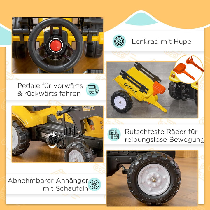 HOMCOM Trettraktor mit Anhänger Verstellbarer Schaufel Lader Traktor Tretfahrzeug für Kinder ab 3 Ja