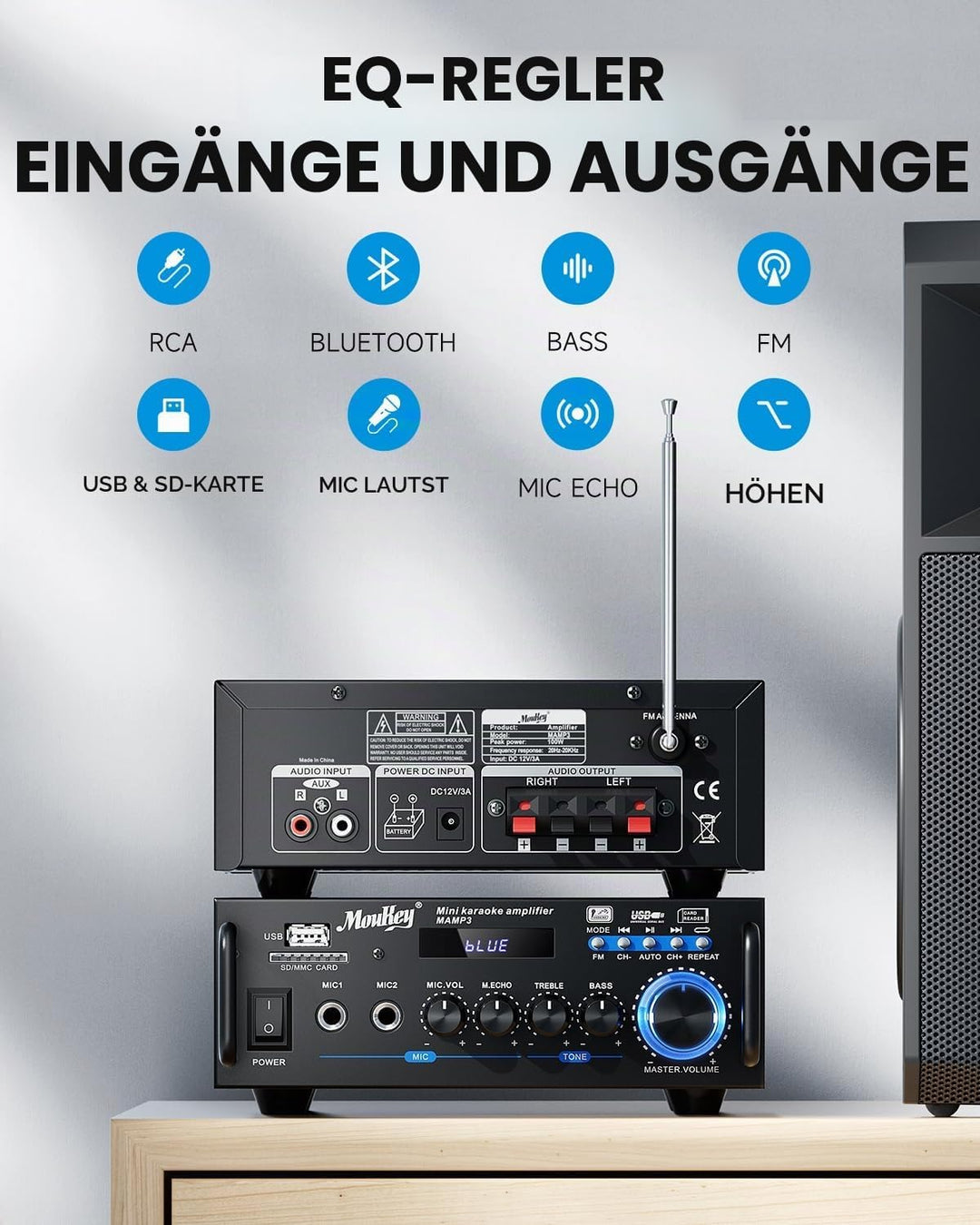 Moukey 2.0 Kanal Stereo Bluetooth Karaoke Verstärker, 100W Stereo Audio Verstärker Empfänger, Verstä