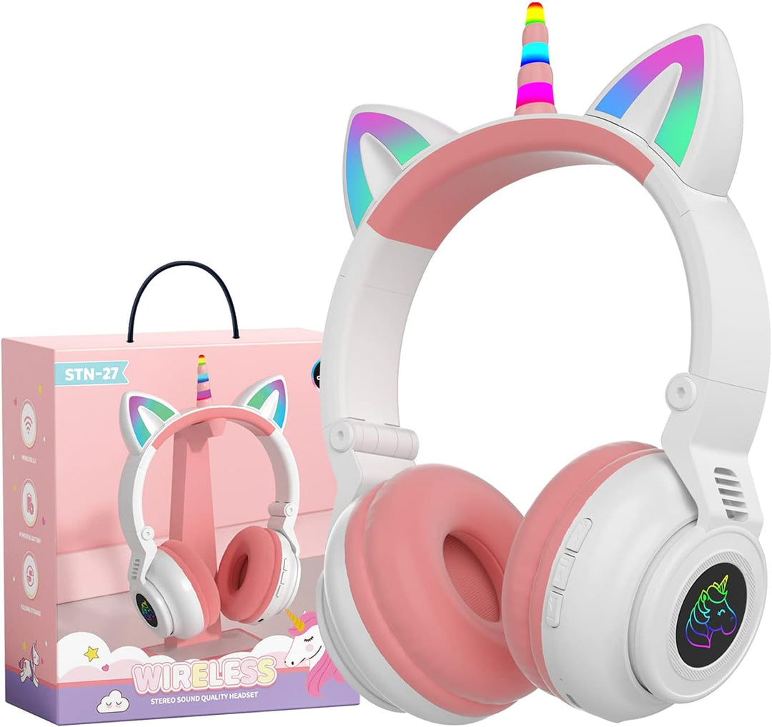 Einhorn Kopfhörer Bluetooth, Kabellos Over-Ear Mädchen Headset mit LED-Beleuchtung, Stereo Sound, Mi