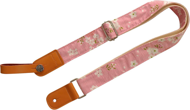 MUSIC FIRST Ukulelengurt, Vintage-Stil, "Pink Sakura", weiches Musselin und echtes Leder, Ukulelengu