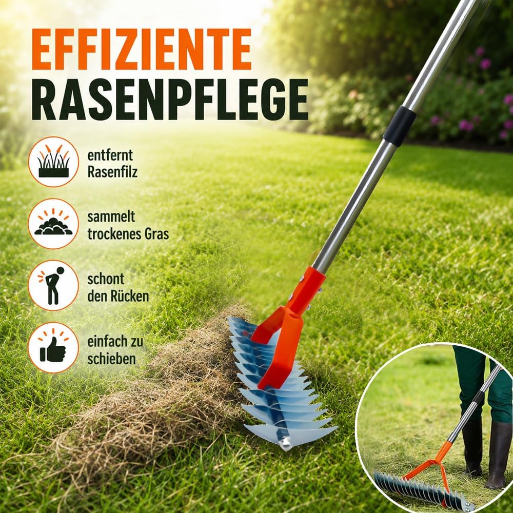 Handvertikutierer mit Gartenabfallsack, Vertikutierrechen mit Stiel 163cm, Vertikutierer Rechen Hand