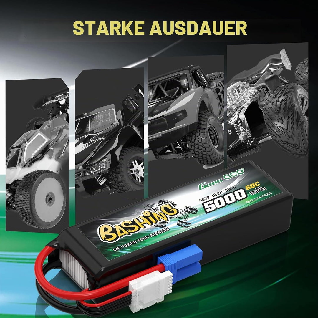 Gens Ace 4S LiPo Akku 5000mAh 14.8V 60C mit EC5 Steck Bashing Batterie für RC Auto, RC Flugzeug, RC
