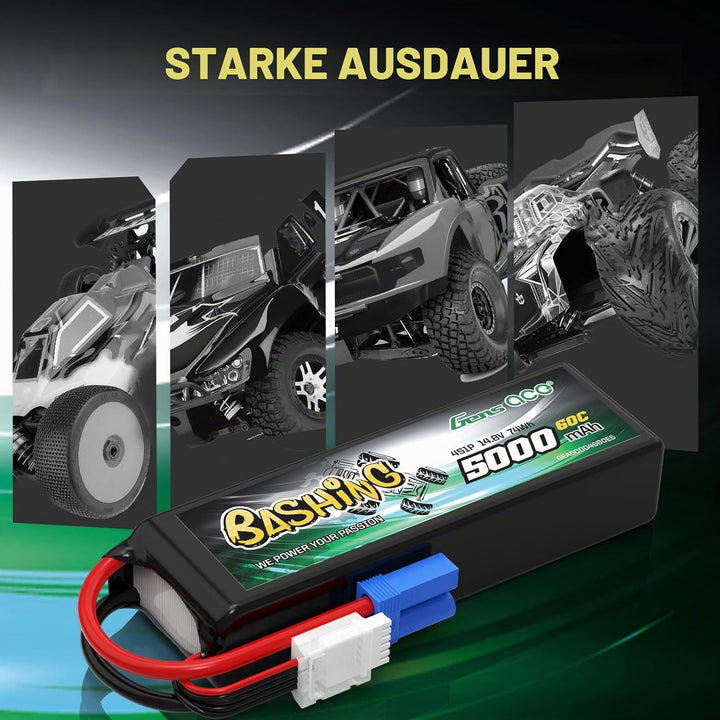 Gens Ace 4S LiPo Akku 5000mAh 14.8V 60C mit EC5 Steck Bashing Batterie für RC Auto, RC Flugzeug, RC