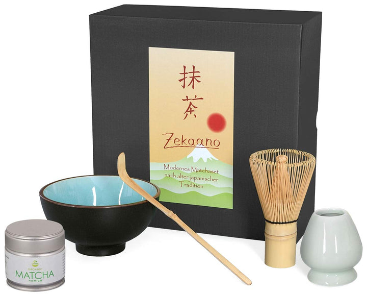 Aricola Matcha Komplett Set 5-teilig, Schale himmelblau, mit Bambuslöffel, Bambusbesen, Besenhalter