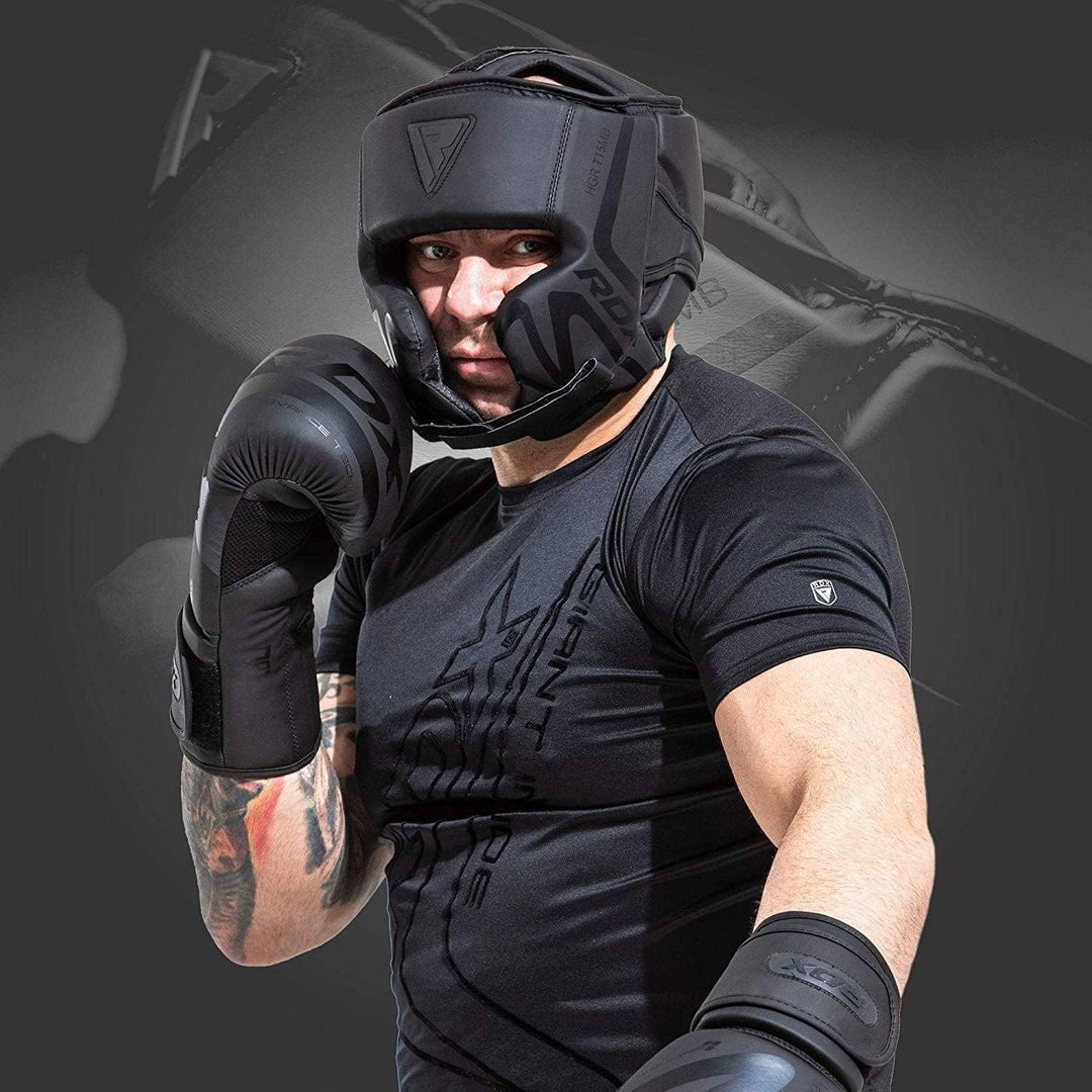 RDX NIOR Kopfschutz Boxen, Maya Hide Leder, Kickboxen MMA Kampfsport Schwarz Kopfschützer Thaiboxen