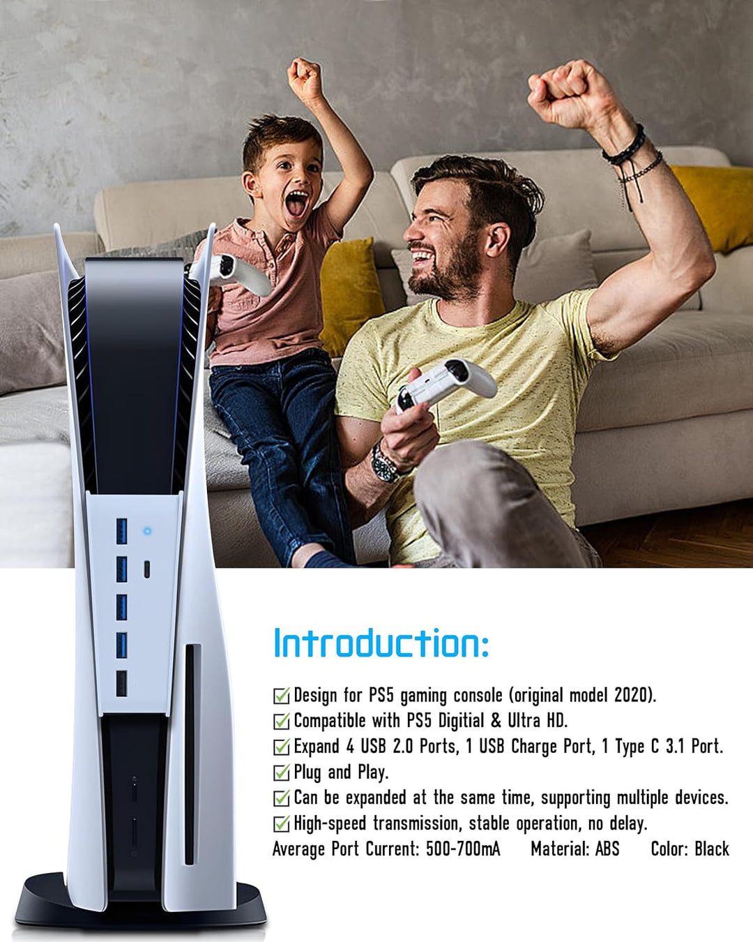 Joso 6 Ports USB Hub für P5, USB Port Expander für P5 mit 4 USB-A + 1 Ladeanschluss + 1 Typ C 3.1, K