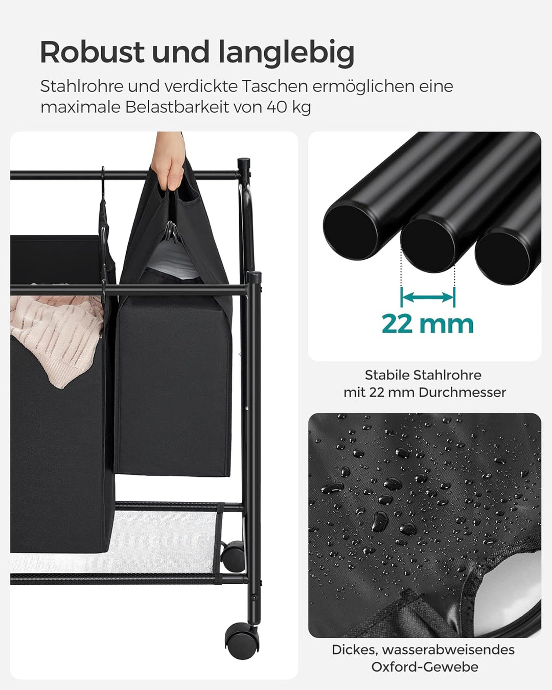 SONGMICS Wäschekorb, Wäschesammler, Wäschesortierer mit 4 abnehmbaren Stofftaschen, Rollen, Aufbewah