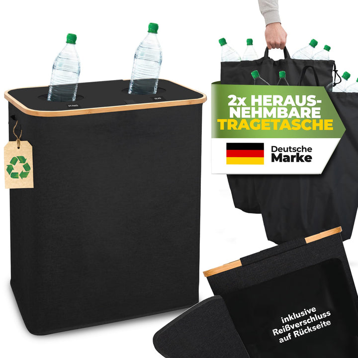 COTTARA® Pfandflaschen Sammelbehälter 2 Fächer | Pfandbehälter mit Deckel und 2x Tragetasche | Ideal