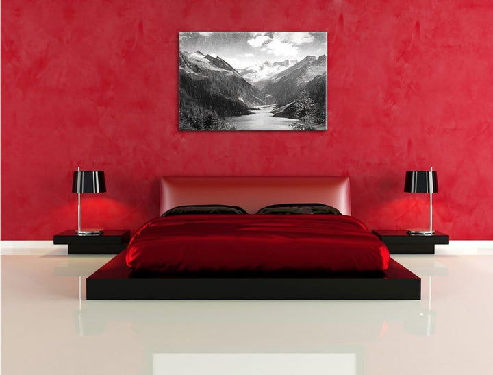 Pixxprint See zwischen Bergen als Leinwandbild/Grösse: 100x70 cm/Wandbild/Kunstdruck/fertig bespannt