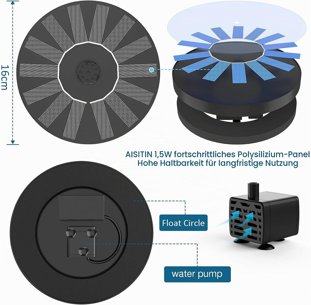 AISITIN 2PCS Solar Springbrunnen für Aussen Upgrade, DIY Solar Teichpumpe Fontäne mit 6 Sprüh Effekt
