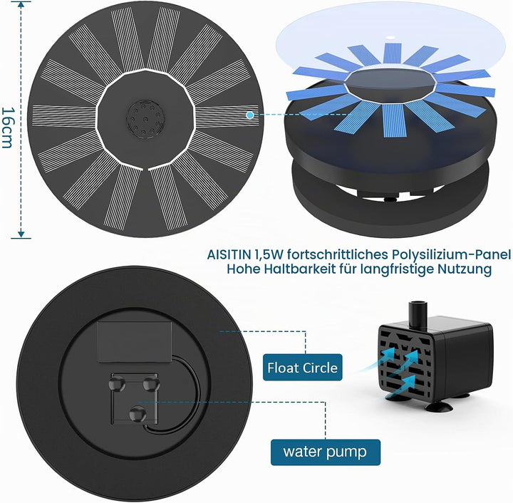 AISITIN 2PCS Solar Springbrunnen für Aussen Upgrade, DIY Solar Teichpumpe Fontäne mit 6 Sprüh Effekt