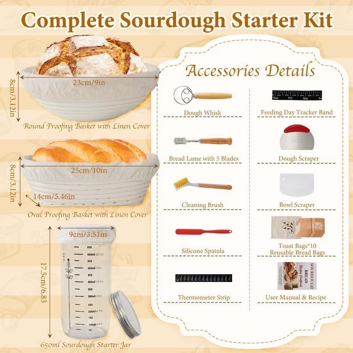 Sauerteig Starter Set, Gärkorb Brot Set, Komplettset Brot Backen Zubehör, Geschenk für Anfänger und