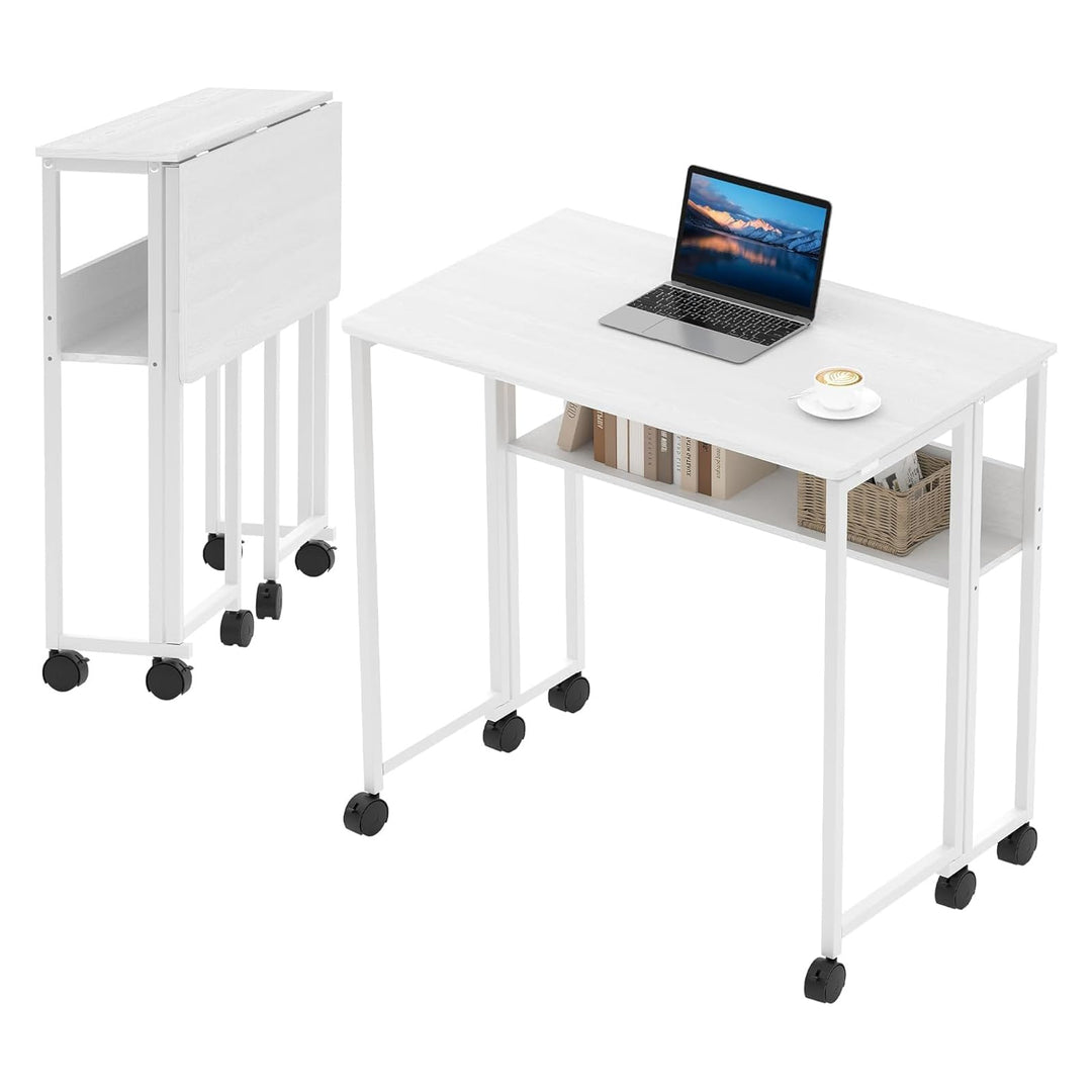 Klappbarer Schreibtisch Mit Rollen Und Stauraum, 63x50x75 cm Platzsparender Computertisch Für Home O