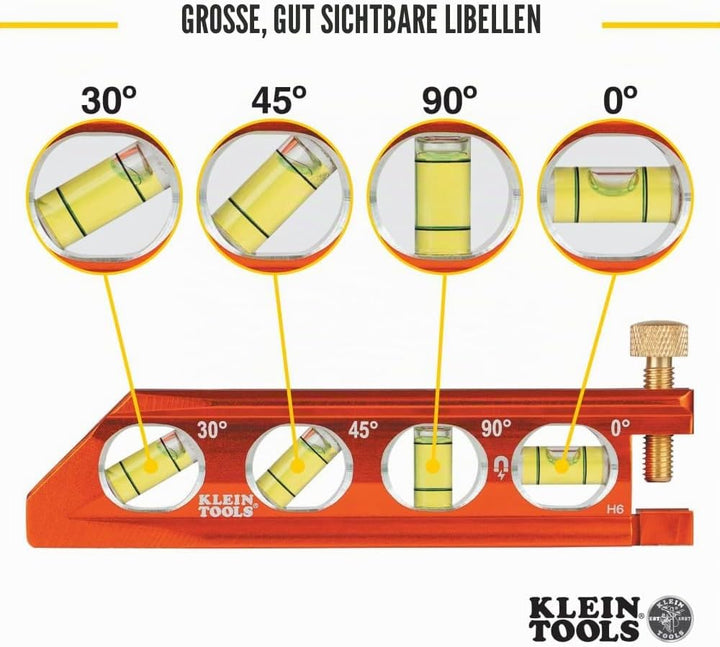 Torpedo Wasserwaage, magnetisch, 4 Libellen für Rohrbiegen & mehr, mit V-Nut & Magnetschiene Klein T