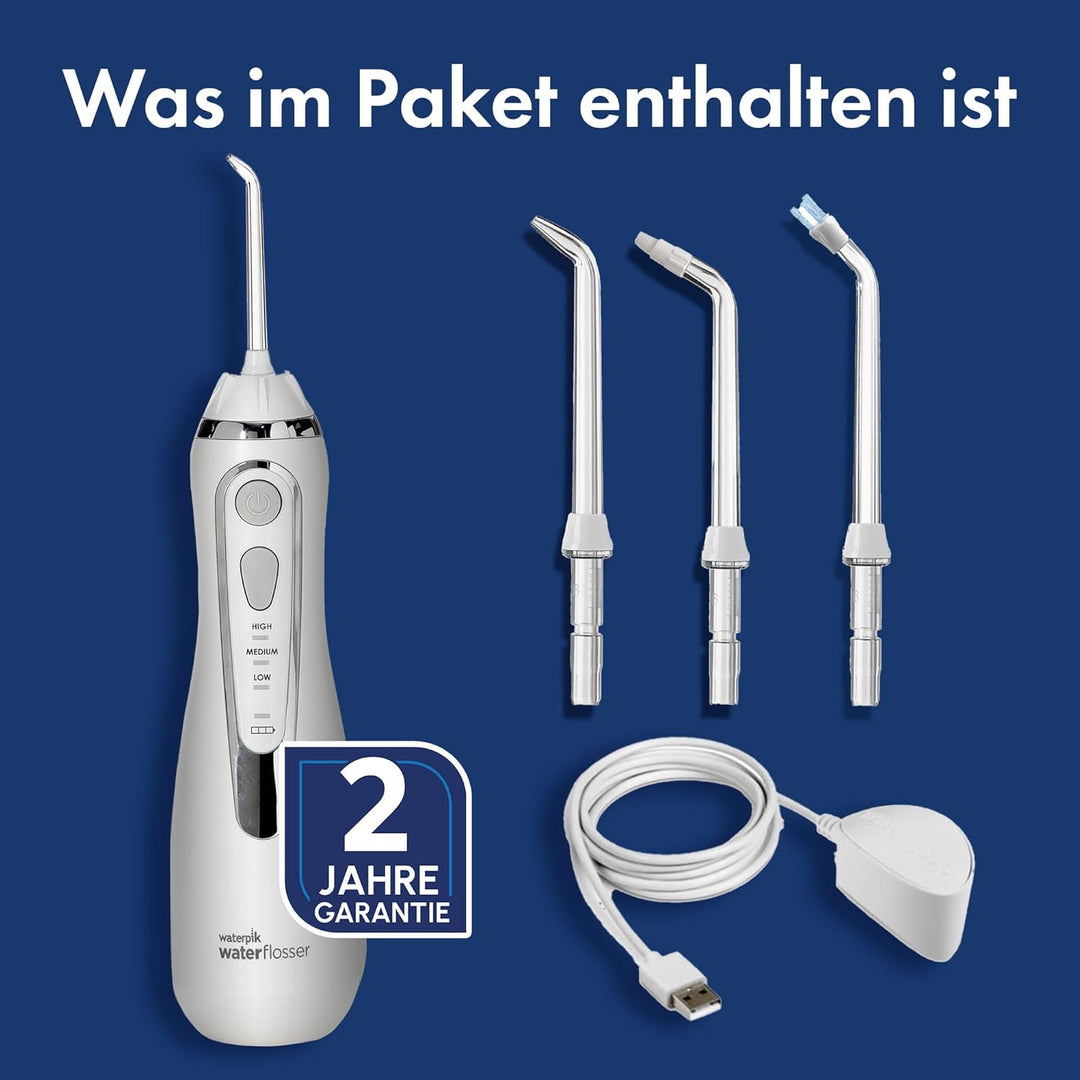 Waterpik Kabellose Munddusche Advanced, 4 Aufsätze, 3,1-5,2 bar Druckbereich, 3 Druckeinstellungen,