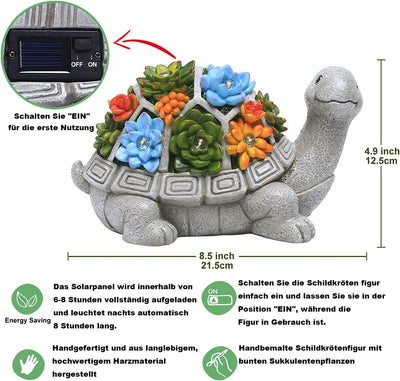 Yeomoo Solar Gartenfiguren Schildkröte Gartendeko für Draussen, mit Sukkulenten und 7 LED Leuchten H