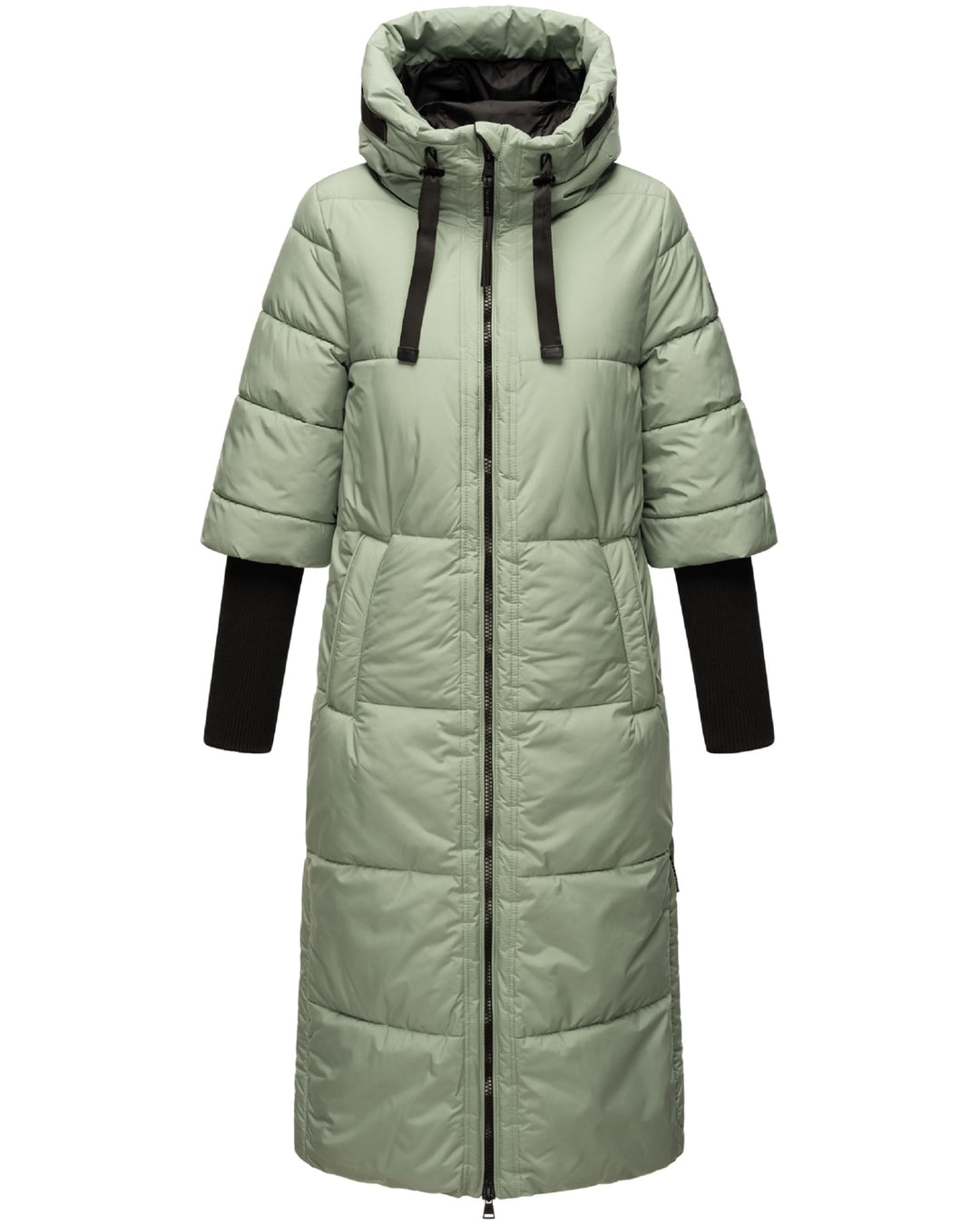 Navahoo Damen Langer Wintermantel Warmer Steppmantel mit Kapuze und Rippstrickärmeln Ciao MIAU XIV X