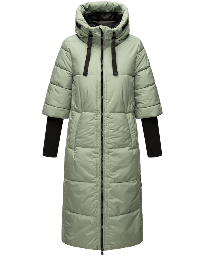 Navahoo Damen Langer Wintermantel Warmer Steppmantel mit Kapuze und Rippstrickärmeln Ciao MIAU XIV X