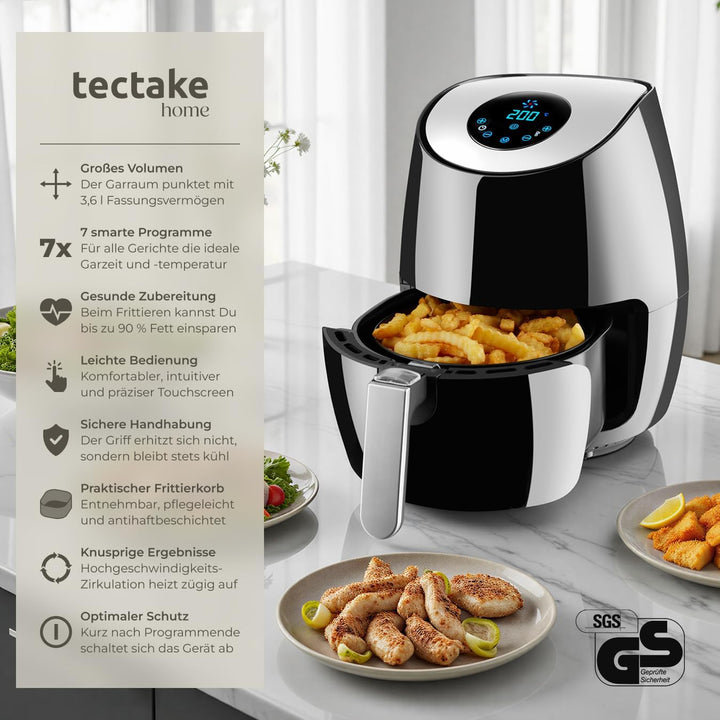tectake® Heissluftfritteuse, Airfryer, 3,6 l Fassungsvermögen, Touchscreen-Display, 7 Programme, Air